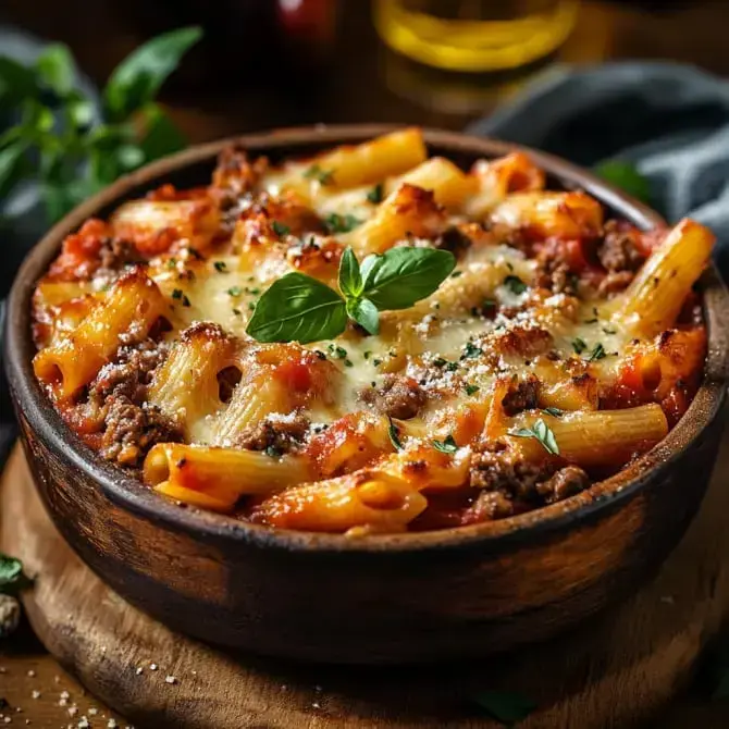 Un plat de pâtes rigatoni au bœuf haché, recouvert de fromage fondu et de basilic, servi dans un bol en bois.