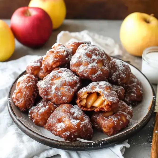 Des beignets aux pommes saupoudrés de sucre glace, présentés sur une assiette, avec des pommes en arrière-plan.