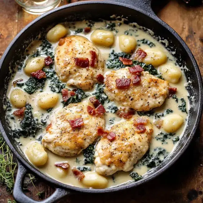 Dans une poêle en fonte, des morceaux de poulet dorés sont accompagnés de gnocchis, de kale et de morceaux de bacon dans une sauce crémeuse.