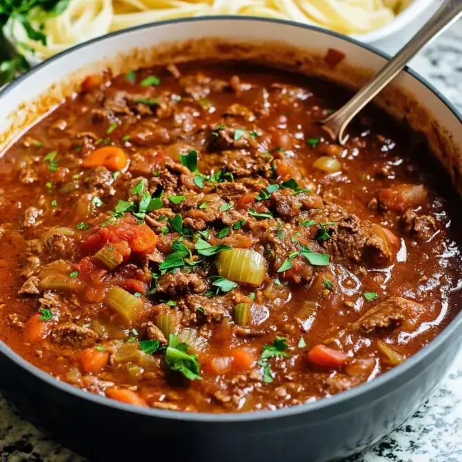 Un plat de sauce à la viande épicée garni de persil, accompagné de pâte en arrière-plan.