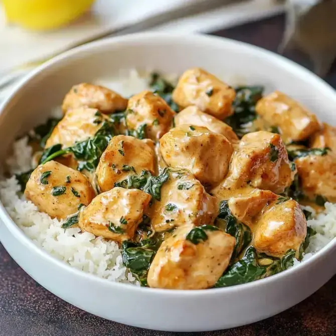 Un plat de poulet en sauce crémeuse avec des épinards servi sur un lit de riz.