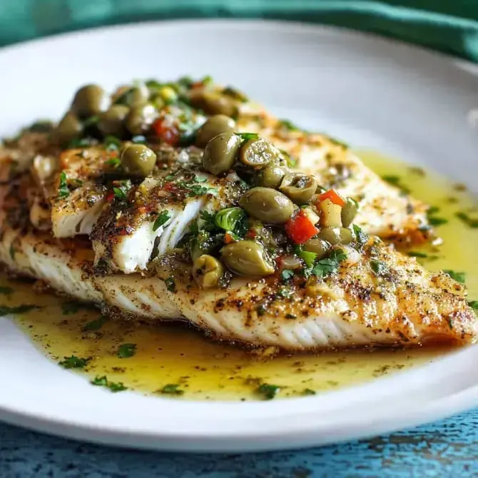 Filets de poisson au four garnis d'une sauce aux olives vertes et aux herbes, servis sur une assiette.