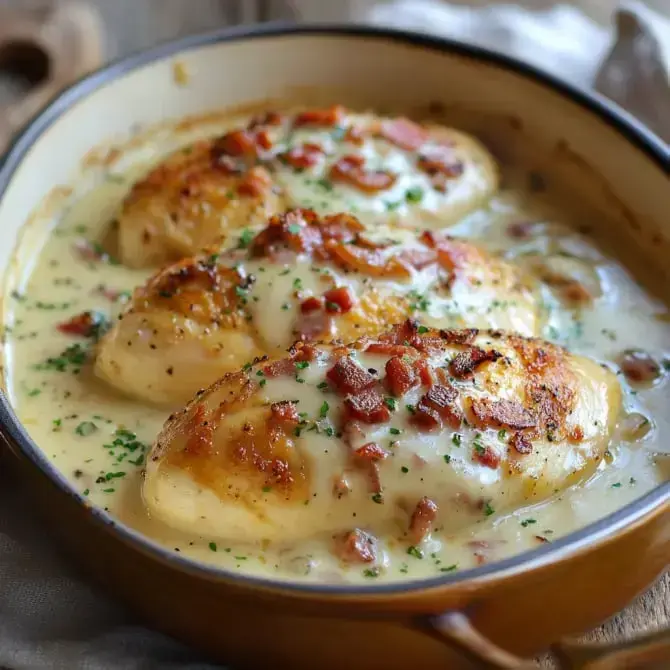 Des filets de poulet dorés nappés de sauce crémeuse avec des morceaux de bacon et parsemés de ciboulette.