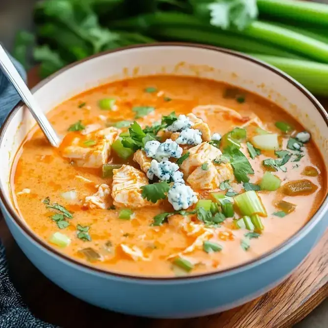 Un bol de soupe crémeuse à base de poulet, garnie de fromage bleu et de légumes frais, est posé sur une planche en bois.