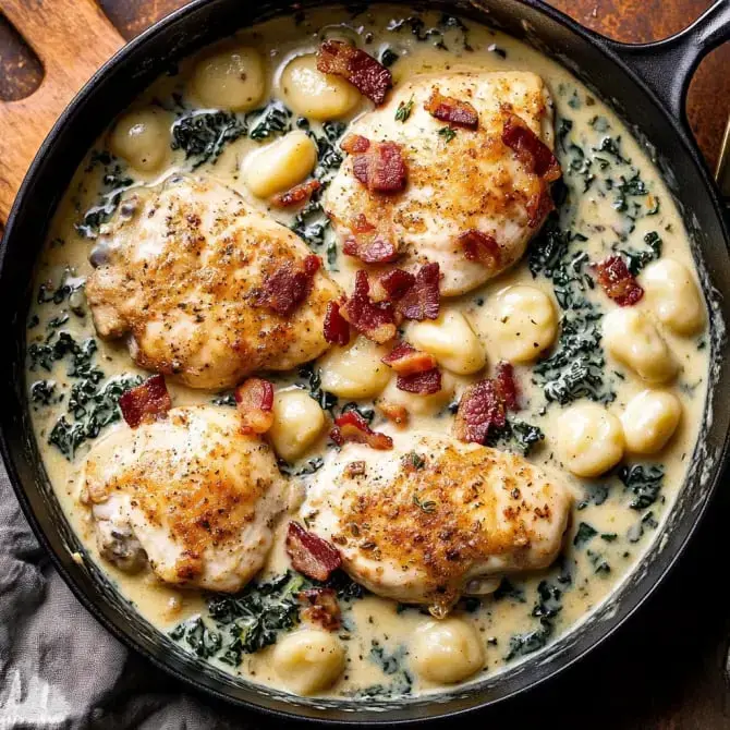 Plat de poulet rôti avec gnocchis, épinards et morceaux de bacon dans une sauce crémeuse.