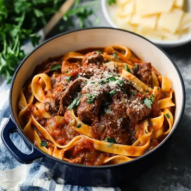 Un plat de pâtes tagliatelles avec une sauce à la viande, garni de persil et de fromage râpé, servi dans une casserole bleue.