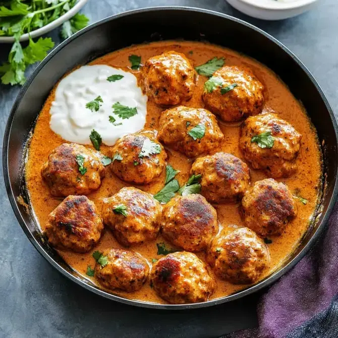 Des boulettes de viande garnies de sauce épicée, accompagnées de yaourt et de coriandre fraîche.