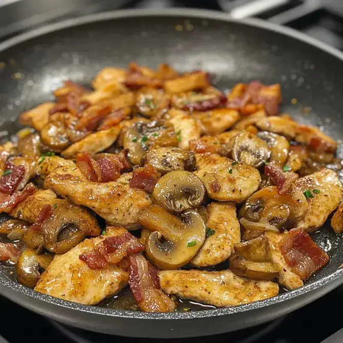 Des morceaux de poulet cuits avec des champignons et des lardons dans une poêle.