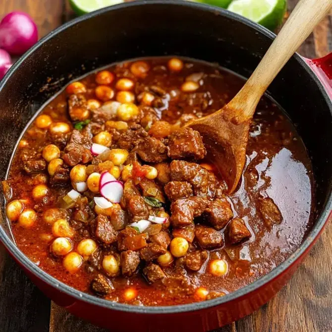 Un plat de chili con carne garni de morceaux de viande, de maïs et d'oignons, servi dans une casserole en fonte.