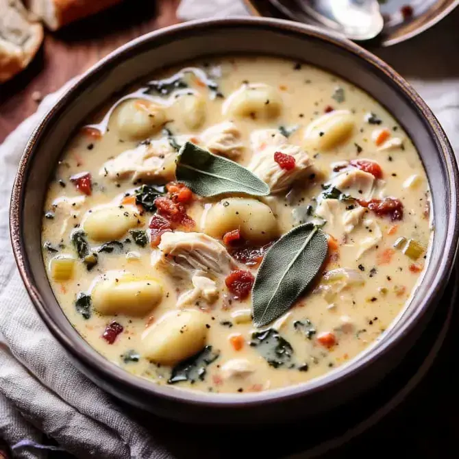 Un bol de soupe crémeuse avec des gnocchis, du poulet, des légumes et des feuilles de sauge.