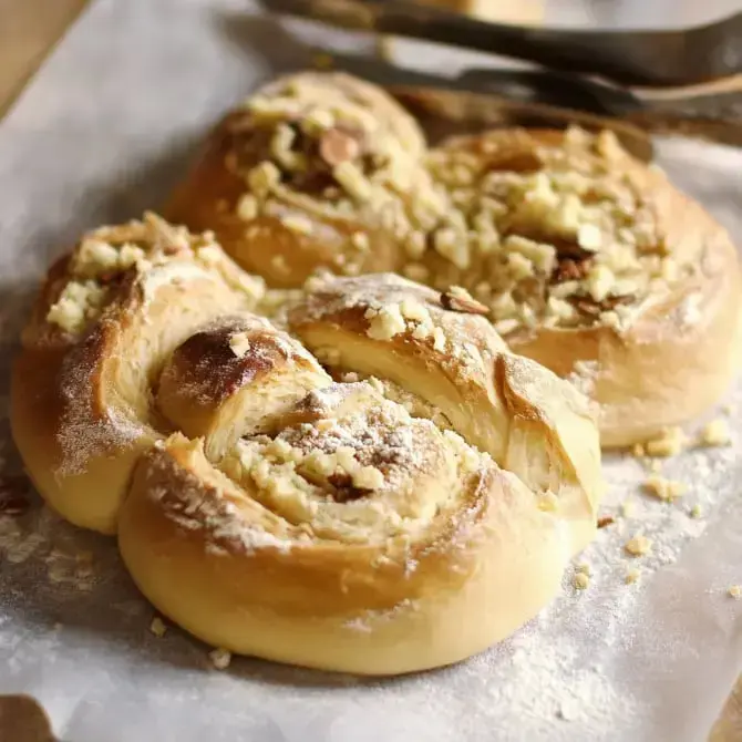 Des brioches croustillantes, garnies de morceaux de noix, sont posées sur du papier sulfurisé.