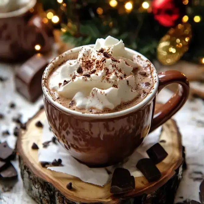 Une tasse de chocolat chaud généreusement garnie de crème chantilly et de pépites de chocolat, posée sur une planche en bois.