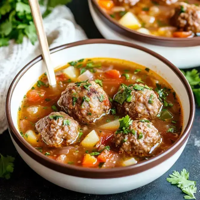 Une assiette de soupe avec des boulettes de viande, des légumes et des herbes fraîches.