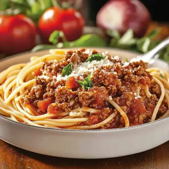 Un plat de spaghetti à la viande avec des tomates, garni de basilic et de fromage.