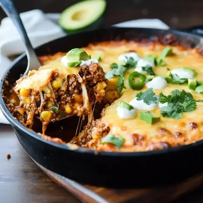 Un plat savoureux à base de viande hachée, de maïs, de fromage fondu et de garnitures fraîches dans une poêle en fonte.