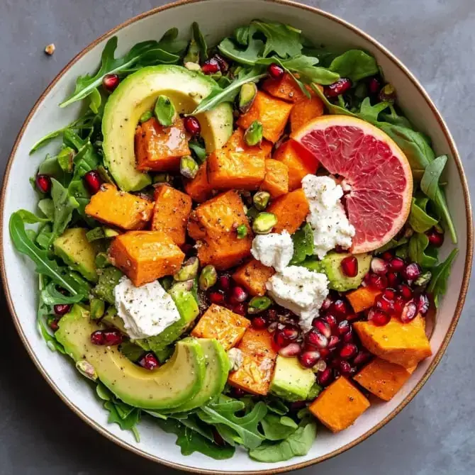 Salade colorée avec de la courge rôtie, de l'avocat, des pistaches, des graines de grenade, du fromage frais et une tranche de pamplemousse sur un lit de roquette.