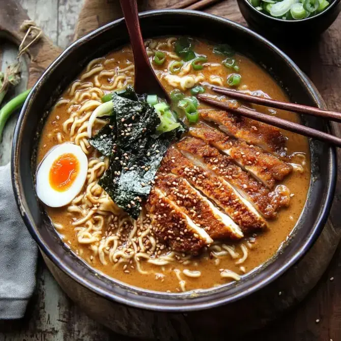 Bol de ramen avec des morceaux de poulet croustillant, un œuf mollet, des algues nori, des oignons verts et des nouilles, le tout dans un bouillon riche.