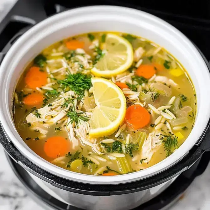 Une soupe au poulet garnie de carottes, céleri, orge, et tranches de citron, avec des herbes fraîches.