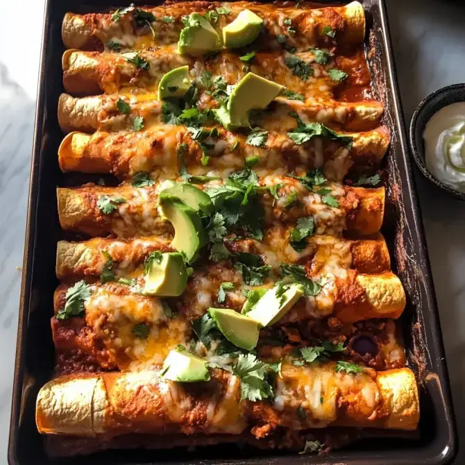 Des enchiladas garnies de fromage, coriandre et morceaux d'avocat, servies dans un plat, accompagnées d'un bol de crème.