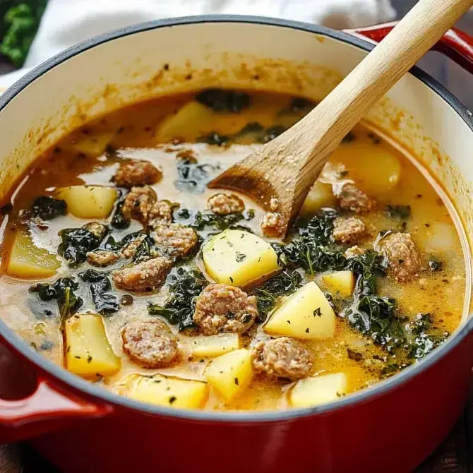 Une soupe épaisse avec des pommes de terre, du chou frisé et des morceaux de viande, cuisinée dans une grande casserole rouge.