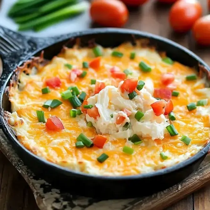 Un plat chaud dans une poêle en fonte, garni de fromage, de tomates et d'oignons verts.