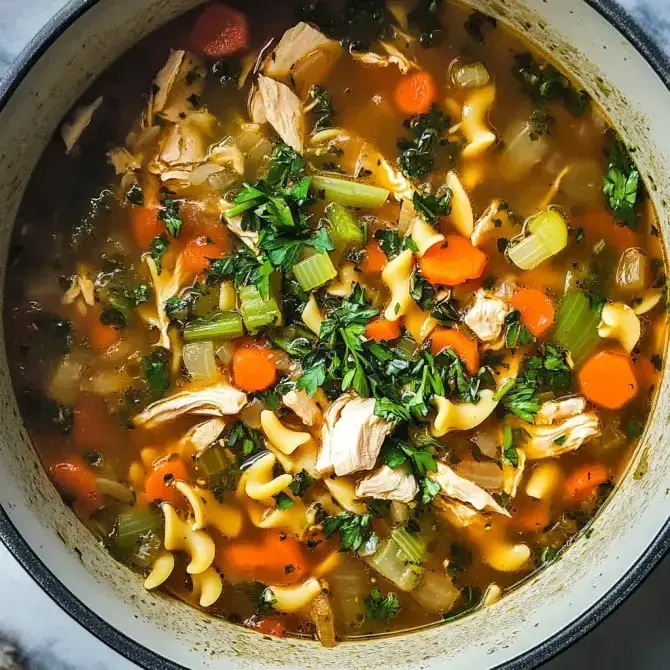 Une soupe contenant du poulet, des nouilles, des carottes, du céleri et des herbes fraîches, présentée dans une casserole.