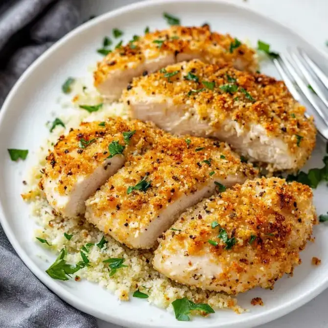 Un plat de poulet grillé, enrobé de croûte dorée, servi sur un lit de couscous et décoré de persil frais.