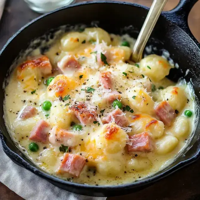 Un plat de gnocchis crémeux au jambon et aux petits pois, garni de fromage fondu, servi dans une poêle en fonte.