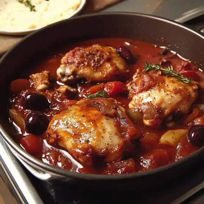 Un plat de cuisses de poulet mijotées avec des tomates, des olives et des herbes dans une poêle.