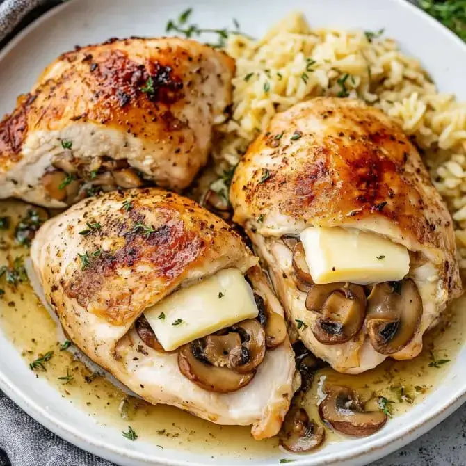 Trois poitrines de poulet garnies de champignons et de beurre, servies avec du riz dans une assiette.