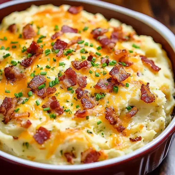 Un plat de purée de pommes de terre agrémenté de fromage cheddar, de morceaux de bacon croustillants et de ciboulette.