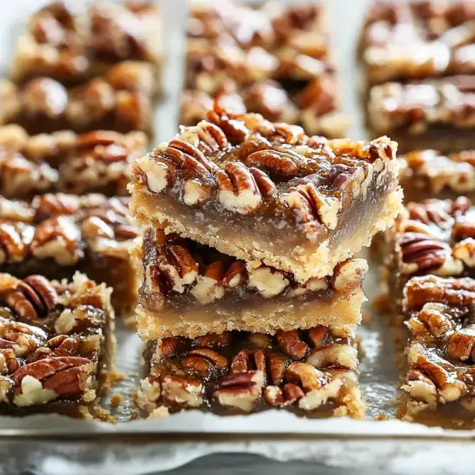 Des barres de caramel aux noix de pécan, empilées sur une plaque.