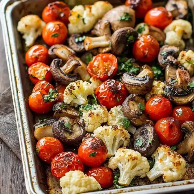 Assiette de légumes rôtis comprenant des tomates cerises, des champignons et du chou-fleur, garnie de persil.