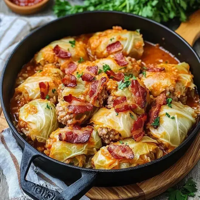 Des feuilles de chou farcies de viande hachée et garnies de morceaux de bacon, servies dans une poêle avec une sauce.