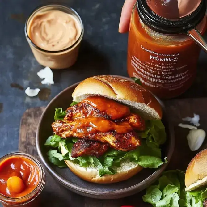 Un sandwich garni de poulet grillé, de laitue et de sauce épicée, accompagné de pots de sauce et de mayonnaise.