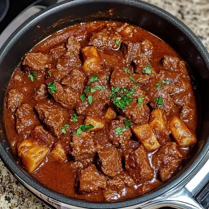 Un plat de viande en sauce avec des morceaux de pomme de terre, garni de persil frais.