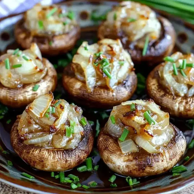 Des champignons farcis aux oignons caramélisés et garnis de ciboulette sur une assiette.