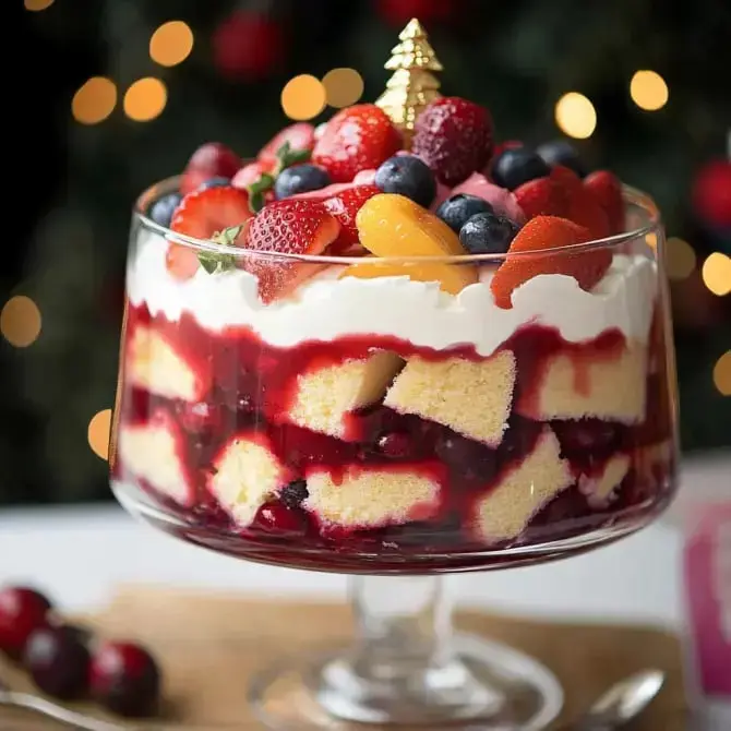 Un grand verre de trifle empilé de couches de gâteau, de crème fouettée, de fruits rouges et de gelée, décoré d'un petit sapin.