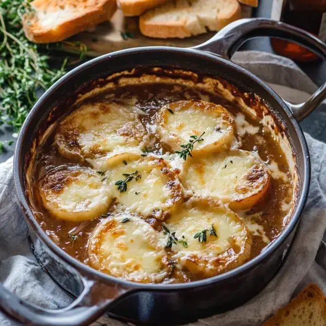 Un plat de soupe à l'oignon gratinée, garni de tranches de pain et de fromage fondu, avec quelques brins de thym frais.