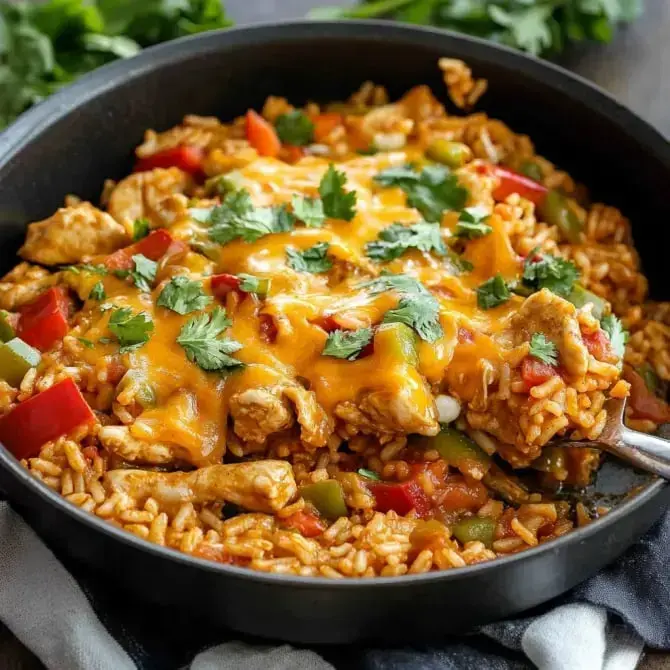 Un plat de riz avec du poulet, des poivrons et du fromage fondu, garni de coriandre fraîche.