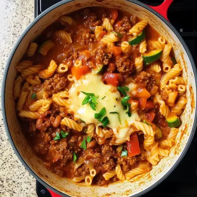 Un plat de pâtes avec viande hachée, haricots, légumes et du fromage fondu sur le dessus, le tout dans une sauce tomate.