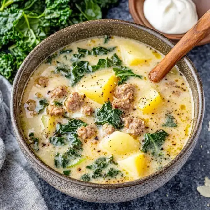 Un bol de soupe crémeuse avec des morceaux de pommes de terre, du chou frisé et de la viande hachée.