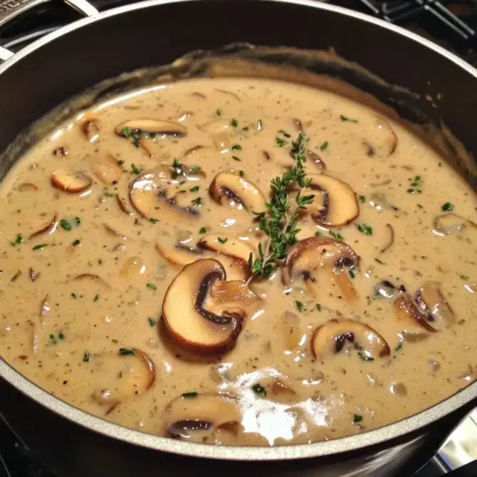 Une sauce crémeuse aux champignons avec des morceaux de champignons et une touche de thym dans une poêle.