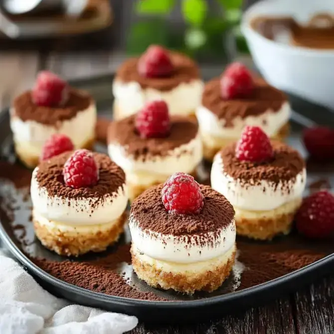 Desserts individuels garnis de crème et de cacao, décorés de framboises sur une assiette noire.