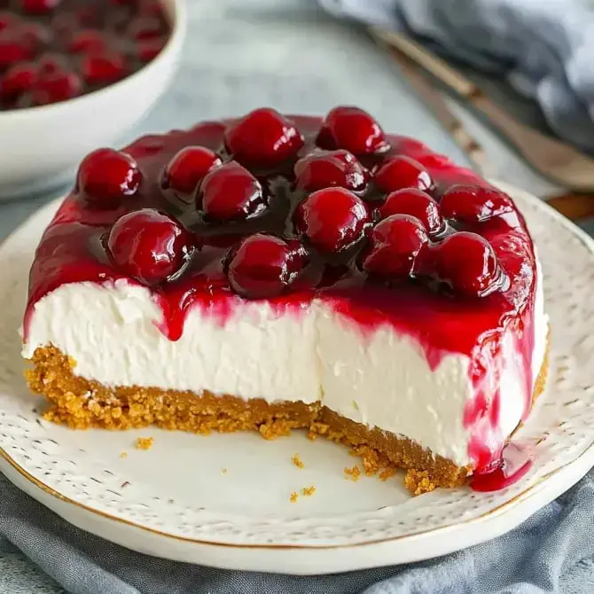 Un cheesecake à la cerise avec une croûte dorée, coupé et servi sur une assiette.