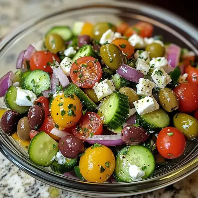 Une salade colorée composée de tomates, concombres, olives et fromage feta, garnie d'herbes fraîches.