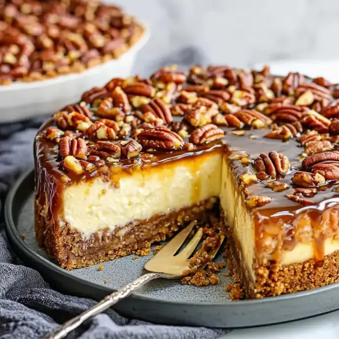 Un gâteau au fromage découpé, garni de caramel et de noix de pécan, sur une assiette.