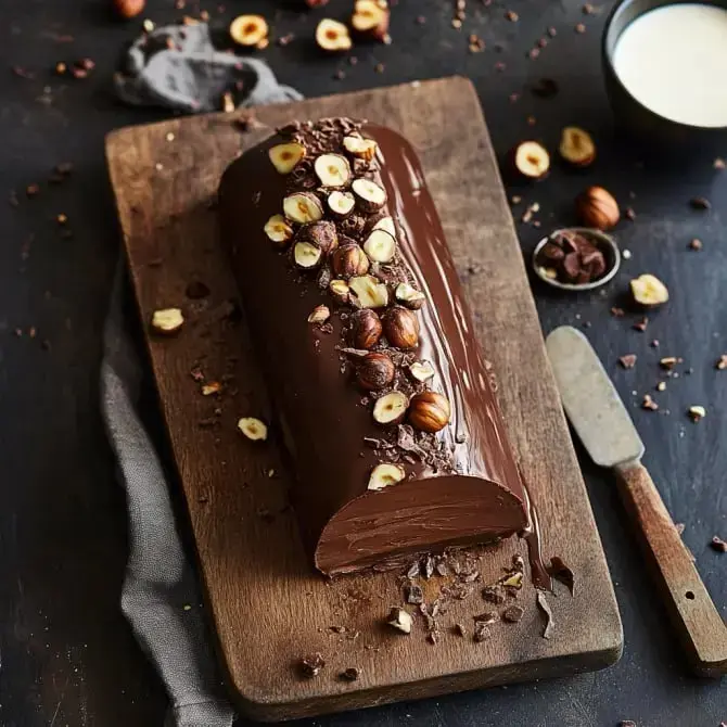 Un gâteau en forme de bûche recouvert de chocolat et décoré de noisettes et de copeaux de chocolat, présenté sur une planche en bois.