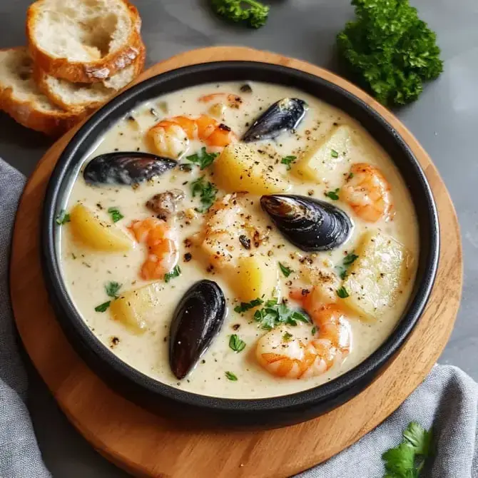 Un plat de fruits de mer crémeux avec des crevettes, des moules et des morceaux de pommes de terre, servi dans un bol noir avec du pain à côté.