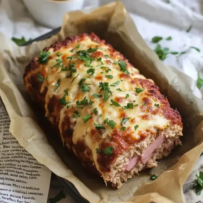 Un rôti de viande garni de fromage fondu et décoré de persil frais, présenté sur du papier sulfurisé.